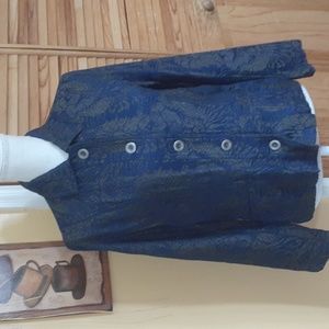 Vintage CHICO'S 1 Blue & Silver Gray Damask Blazer Jacket M 8-10